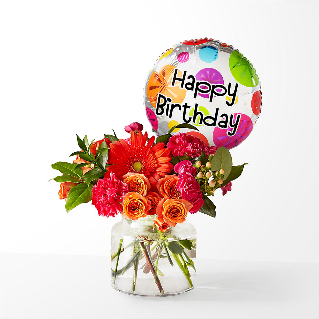 Fiesta Bouquet with Birthday Balloon – Petals From Angels Floral Designs, Pasadena CA