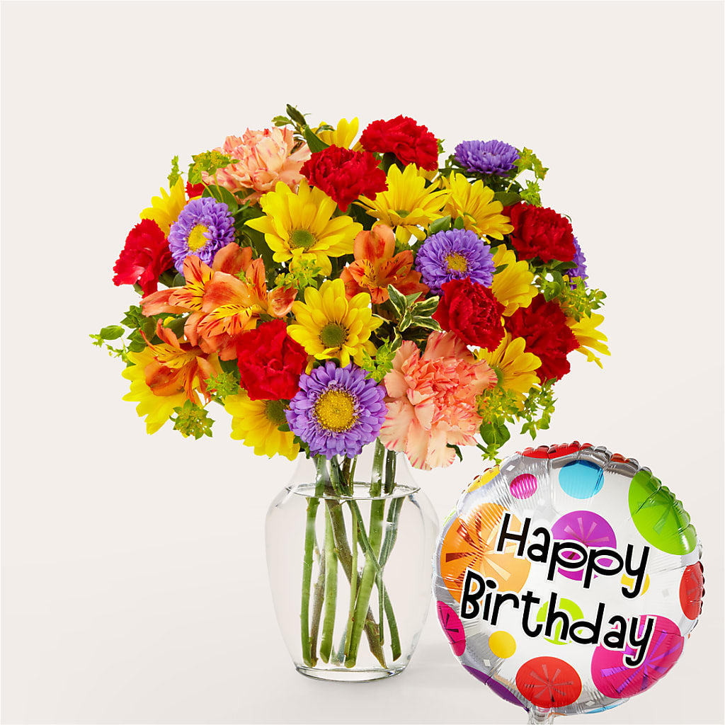 Kaleidoscope Bouquet with Birthday Balloon – Petals From Angels Floral Designs, Pasadena CA
