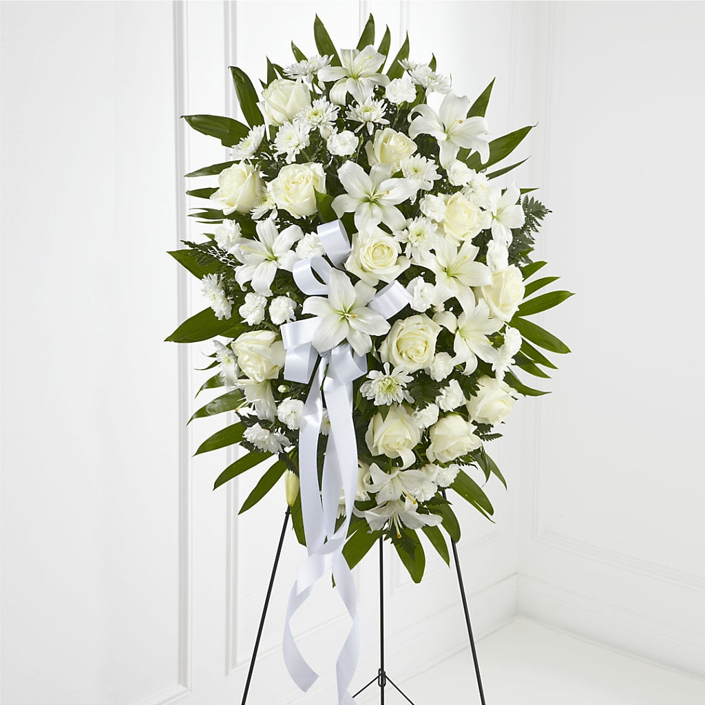 Exquisite Tribute Standing Spray-White Ribbon – Petals From Angels Floral Designs, Pasadena CA