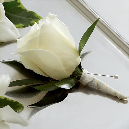 White Rose Boutonniere –  Petals From Angels Floral Designs, Pasadena CA